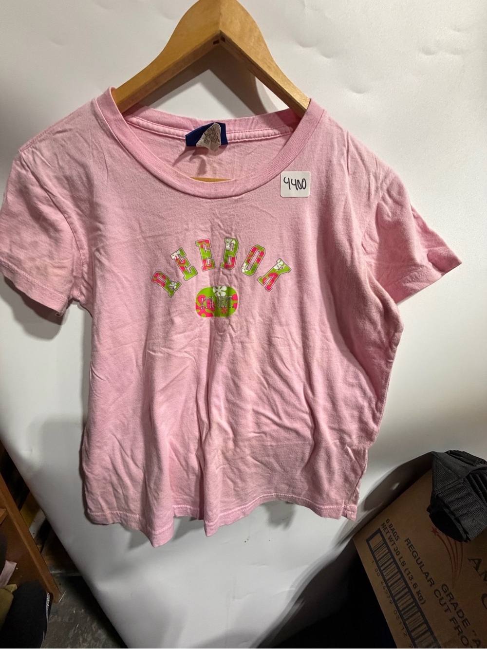 #4400-Reebok Pink Short Sleeve Tee with Multicolor Logo